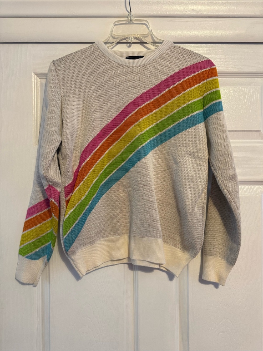 Light Gray Crewneck Sweater with Rainbow Stripe